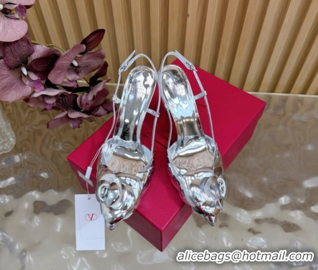 Classic Hot Valentino Calfskin Leather Slingbacks Pump 9.5cm with Rose Blossom Silver VLTN121504 1215091