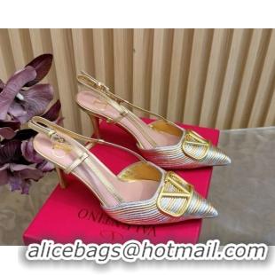Grade Quality Valentino VLogo Signature Slingbacks Pump 7.5cm in Striped Calfskin Leather Silver/Gold 2025 VLTN121505 12