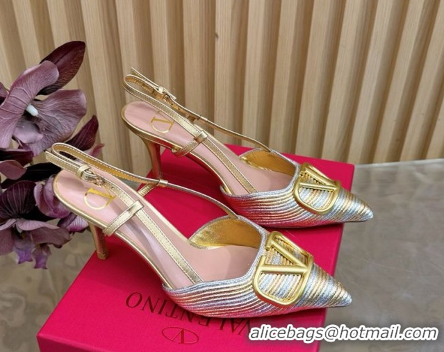Grade Quality Valentino VLogo Signature Slingbacks Pump 7.5cm in Striped Calfskin Leather Silver/Gold 2025 VLTN121505 12