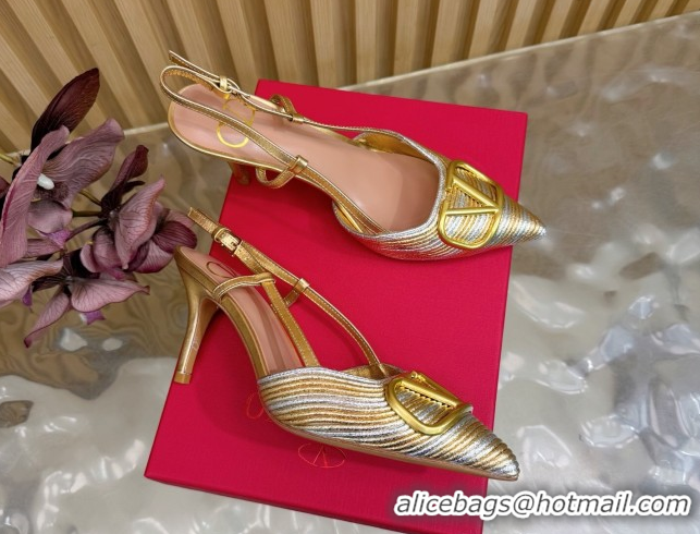 Grade Quality Valentino VLogo Signature Slingbacks Pump 7.5cm in Striped Calfskin Leather Silver/Gold 2025 VLTN121505 12