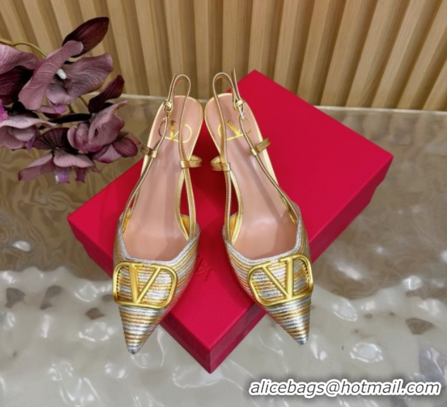 Grade Quality Valentino VLogo Signature Slingbacks Pump 7.5cm in Striped Calfskin Leather Silver/Gold 2025 VLTN121505 12