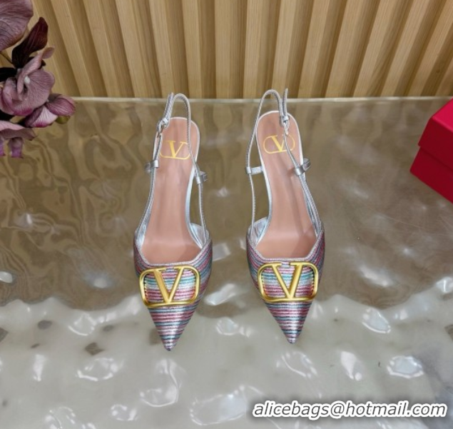 Best Grade Valentino VLogo Signature Slingbacks Pump 7.5cm in Striped Calfskin Leather Silver/Multicolor VLTN121505 1215