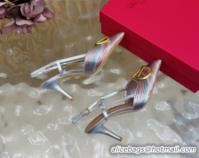 Best Grade Valentino VLogo Signature Slingbacks Pump 7.5cm in Striped Calfskin Leather Silver/Multicolor VLTN121505 1215