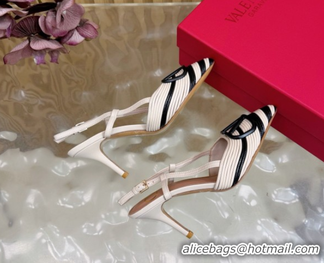 Good Product Valentino VLogo Signature Slingbacks Pump 7.5cm in Striped Calfskin Leather White/Black VLTN121505 1215096