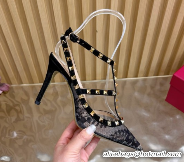 Good Looking Valentino Rockstud Pumps 9.5cm in Lace Mesh with Double Straps Black VLTN121506 1215097