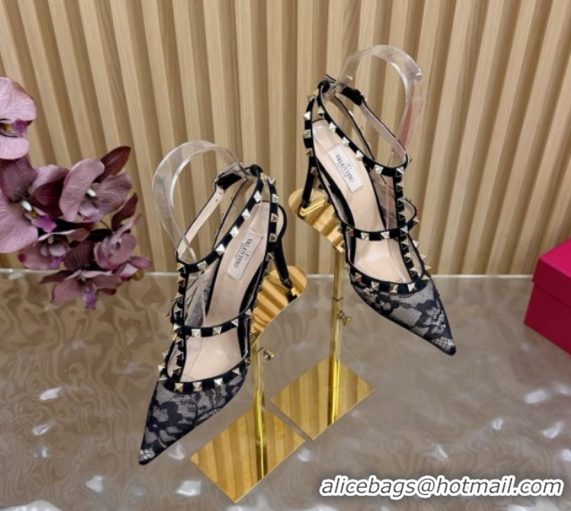Good Looking Valentino Rockstud Pumps 9.5cm in Lace Mesh with Double Straps Black VLTN121506 1215097