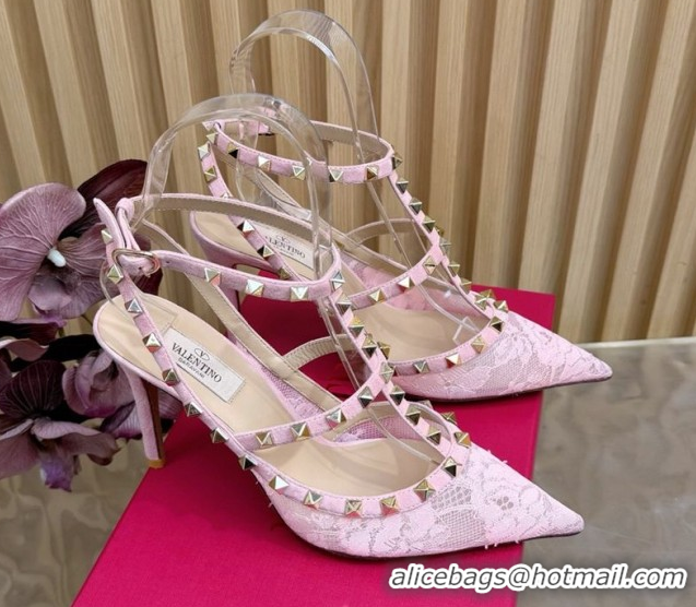 Shop Duplicate Valentino Rockstud Pumps 9.5cm in Lace Mesh with Double Straps Pink VLTN121506 51215099