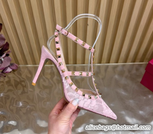 Shop Duplicate Valentino Rockstud Pumps 9.5cm in Lace Mesh with Double Straps Pink VLTN121506 51215099