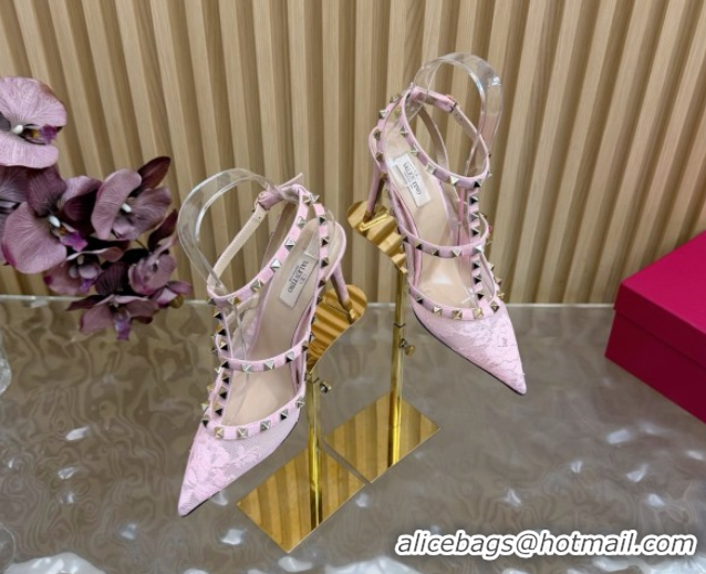 Shop Duplicate Valentino Rockstud Pumps 9.5cm in Lace Mesh with Double Straps Pink VLTN121506 51215099
