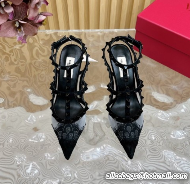 Good Quality Valentino Rockstud Pumps 9.5cm in Lace Mesh and Suede with Double Straps Black1 2025 VLTN121507 1215100
