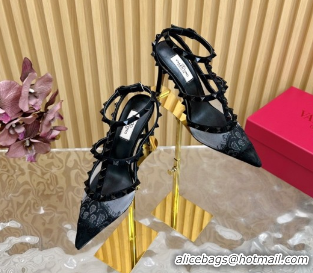 Good Quality Valentino Rockstud Pumps 9.5cm in Lace Mesh and Suede with Double Straps Black1 2025 VLTN121507 1215100