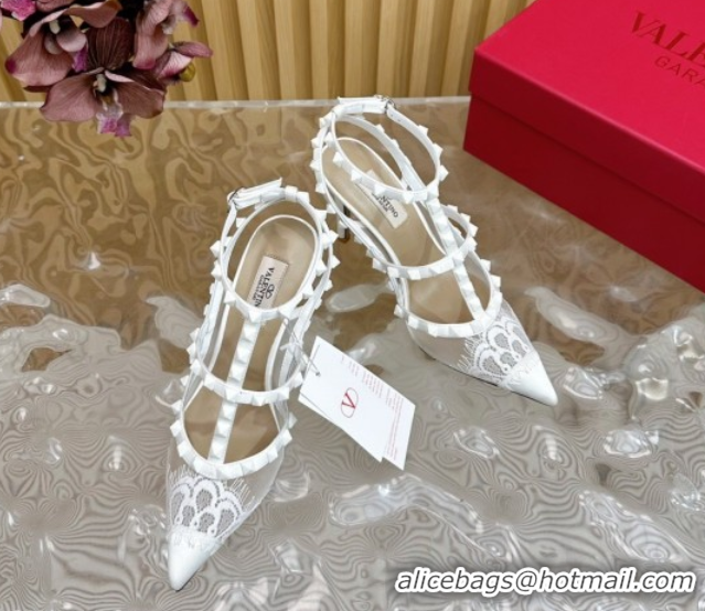 Luxurious Valentino Rockstud Pumps 9.5cm in Lace Mesh and Satin with Double Straps White VLTN121507 1215101