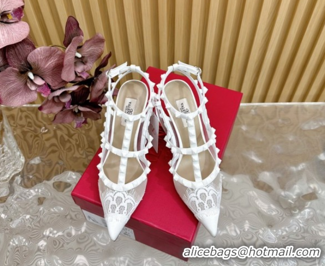 Luxurious Valentino Rockstud Pumps 9.5cm in Lace Mesh and Satin with Double Straps White VLTN121507 1215101