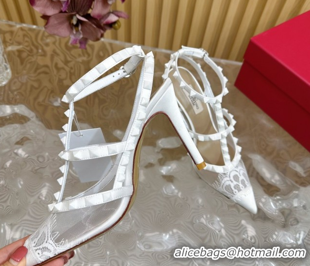 Luxurious Valentino Rockstud Pumps 9.5cm in Lace Mesh and Satin with Double Straps White VLTN121507 1215101