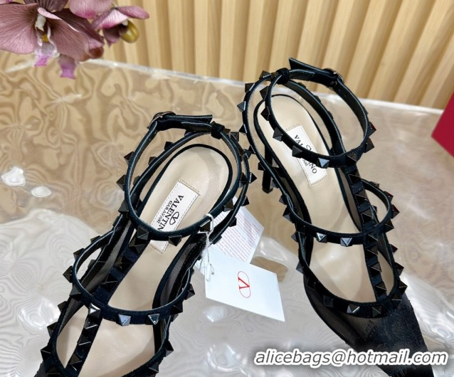 Charming Valentino Rockstud Pumps 9.5cm in Lace Mesh and Suede with Double Straps Black2 VLTN121507 51215102