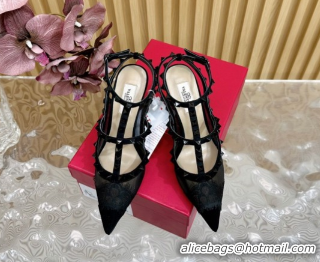 Charming Valentino Rockstud Pumps 9.5cm in Lace Mesh and Suede with Double Straps Black2 VLTN121507 51215102
