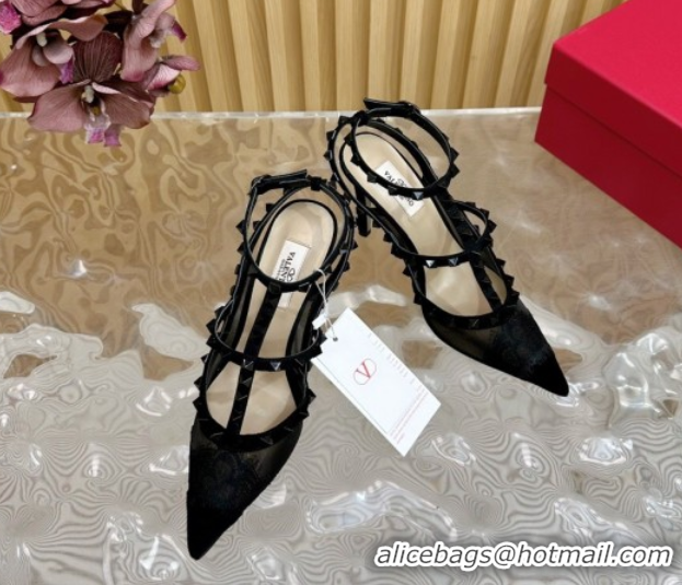 Charming Valentino Rockstud Pumps 9.5cm in Lace Mesh and Suede with Double Straps Black2 VLTN121507 51215102
