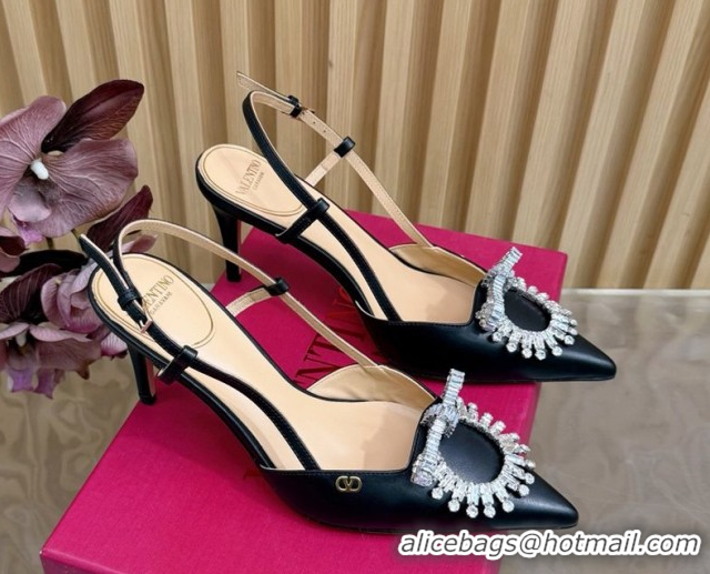 Sophisticated Valentino Strass Embellished Slingbacks Pump 8cm in Calfskin Leather Black2 VLTN121508 51215103