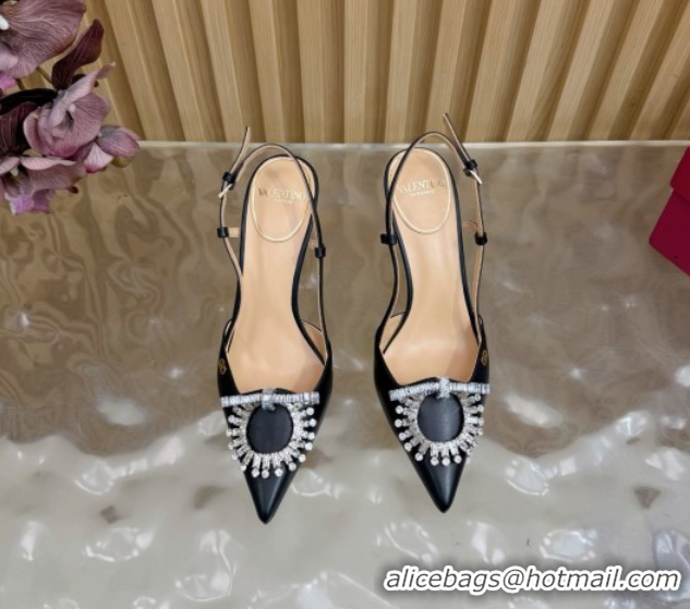 Sophisticated Valentino Strass Embellished Slingbacks Pump 8cm in Calfskin Leather Black2 VLTN121508 51215103