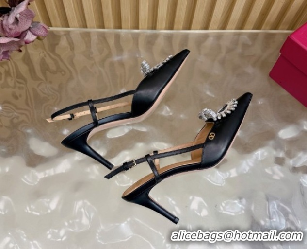 Sophisticated Valentino Strass Embellished Slingbacks Pump 8cm in Calfskin Leather Black2 VLTN121508 51215103