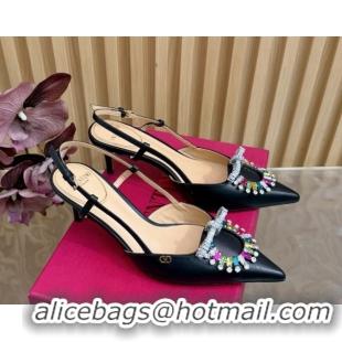 Stylish Valentino Strass Embellished Slingbacks Pump 8cm in Calfskin Leather Black/Multicolor VLTN121508 51215104