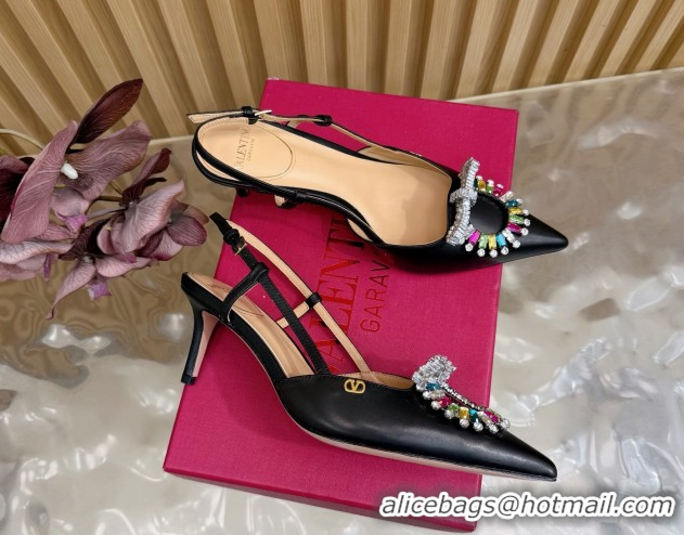 Stylish Valentino Strass Embellished Slingbacks Pump 8cm in Calfskin Leather Black/Multicolor VLTN121508 51215104
