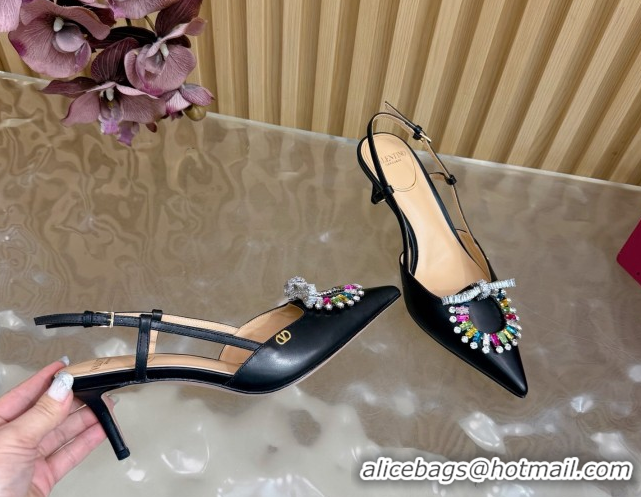 Stylish Valentino Strass Embellished Slingbacks Pump 8cm in Calfskin Leather Black/Multicolor VLTN121508 51215104