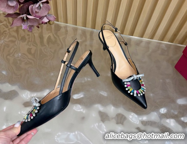 Stylish Valentino Strass Embellished Slingbacks Pump 8cm in Calfskin Leather Black/Multicolor VLTN121508 51215104