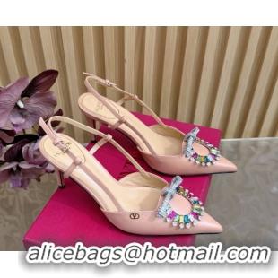 Hot Style Valentino Strass Embellished Slingbacks Pump 8cm in Calfskin Leather Light Pink VLTN121508 51215105