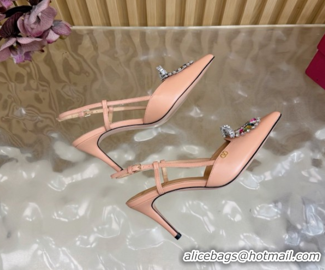 Hot Style Valentino Strass Embellished Slingbacks Pump 8cm in Calfskin Leather Light Pink VLTN121508 51215105