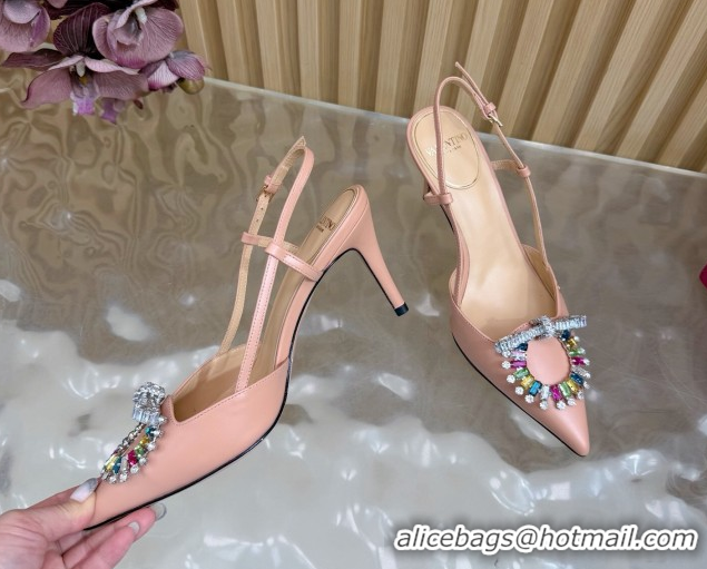 Hot Style Valentino Strass Embellished Slingbacks Pump 8cm in Calfskin Leather Light Pink VLTN121508 51215105