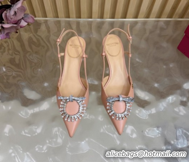 Stylish Valentino Strass Embellished Slingbacks Pump 4cm in Calfskin Leather Light Pink 2025 VLTN121508 1215107