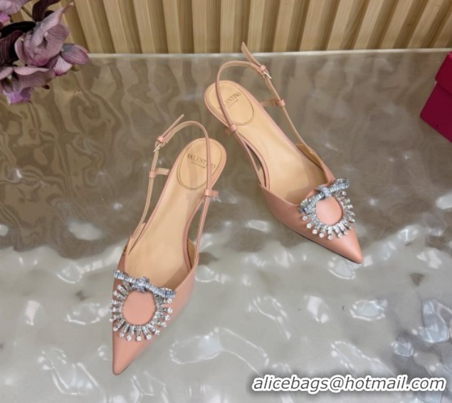 Stylish Valentino Strass Embellished Slingbacks Pump 4cm in Calfskin Leather Light Pink 2025 VLTN121508 1215107