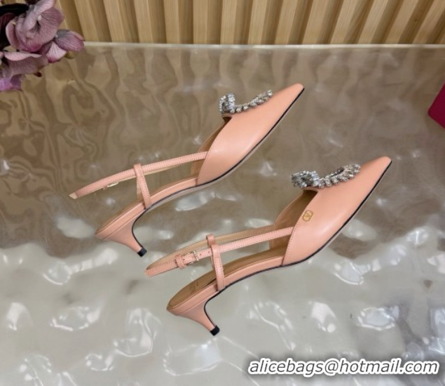 Stylish Valentino Strass Embellished Slingbacks Pump 4cm in Calfskin Leather Light Pink 2025 VLTN121508 1215107