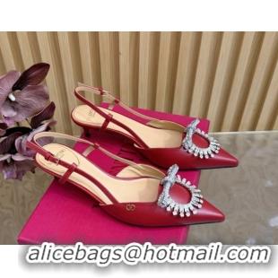 Durable Valentino Strass Embellished Slingbacks Pump 4cm in Calfskin Leather Red 2025 VLTN121508 1215106