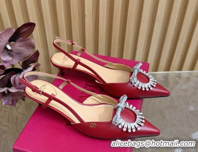 Durable Valentino Strass Embellished Slingbacks Pump 4cm in Calfskin Leather Red 2025 VLTN121508 1215106