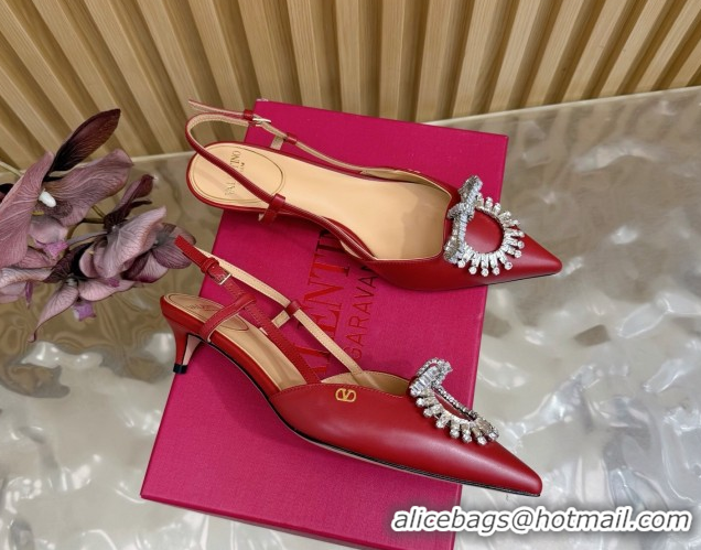 Durable Valentino Strass Embellished Slingbacks Pump 4cm in Calfskin Leather Red 2025 VLTN121508 1215106