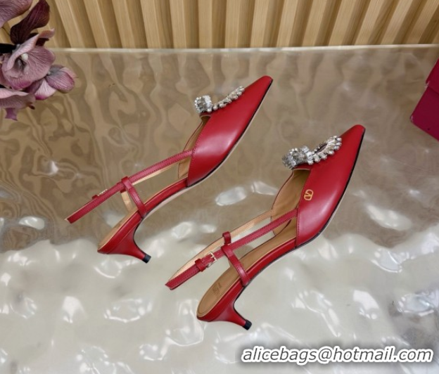Durable Valentino Strass Embellished Slingbacks Pump 4cm in Calfskin Leather Red 2025 VLTN121508 1215106