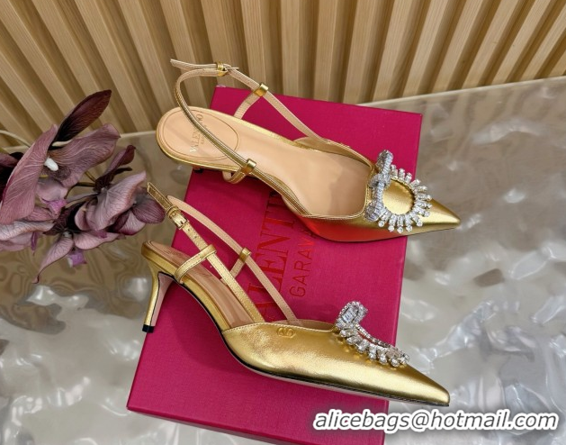 Perfect Valentino Strass Embellished Slingbacks Pump 6.5cm in Calfskin Leather Gold VLTN121508 1215108