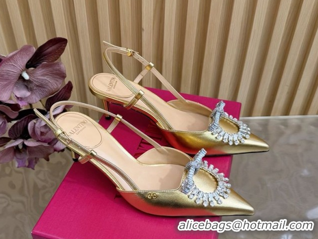 Perfect Valentino Strass Embellished Slingbacks Pump 6.5cm in Calfskin Leather Gold VLTN121508 1215108