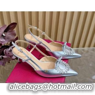 Sumptuous Valentino Strass Embellished Slingbacks Pump 6.5cm in Calfskin Leather Silver VLTN121508 1215109