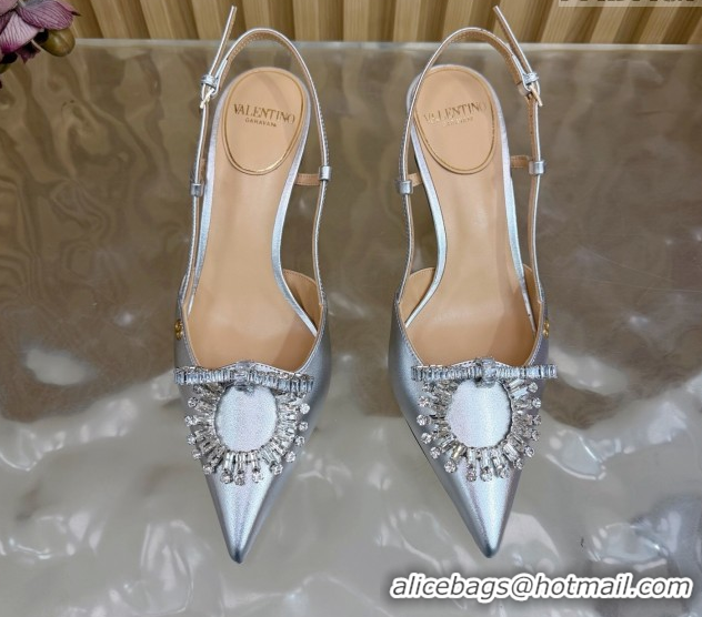 Sumptuous Valentino Strass Embellished Slingbacks Pump 6.5cm in Calfskin Leather Silver VLTN121508 1215109