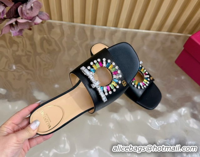 Buy Luxury Valentino Strass Embellished Flat Slides Sandal in Calfskin Leather Black/Multicolor 2025 VLTN121509 51215110