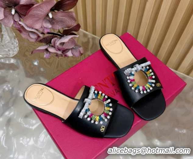 Buy Luxury Valentino Strass Embellished Flat Slides Sandal in Calfskin Leather Black/Multicolor 2025 VLTN121509 51215110