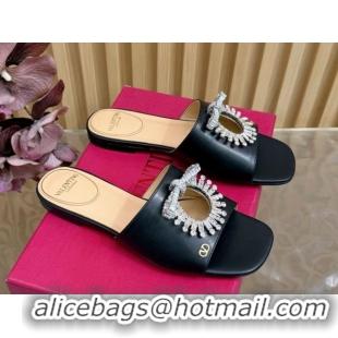 Luxury Valentino Strass Embellished Flat Slides Sandal in Calfskin Leather Black2 VLTN121509 51215111