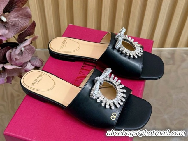 Luxury Valentino Strass Embellished Flat Slides Sandal in Calfskin Leather Black2 VLTN121509 51215111