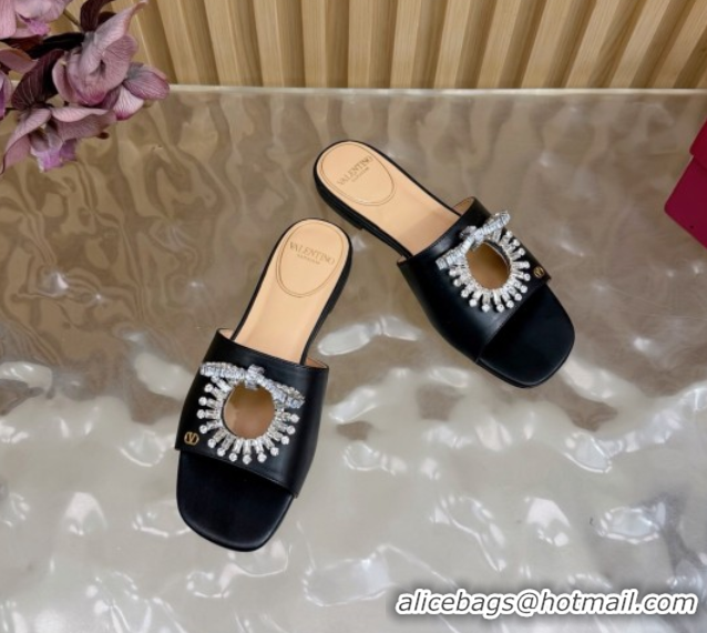 Luxury Valentino Strass Embellished Flat Slides Sandal in Calfskin Leather Black2 VLTN121509 51215111