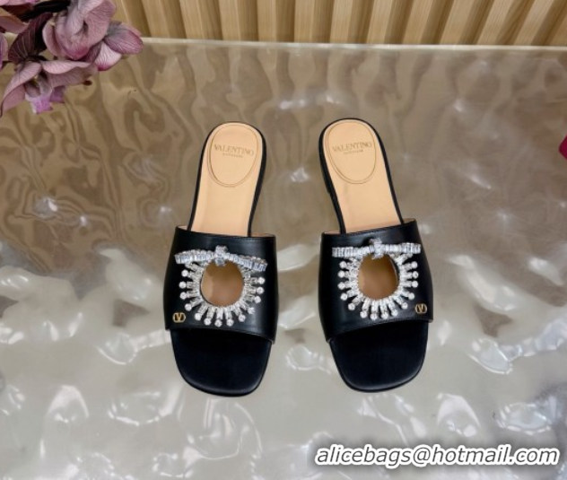 Luxury Valentino Strass Embellished Flat Slides Sandal in Calfskin Leather Black2 VLTN121509 51215111