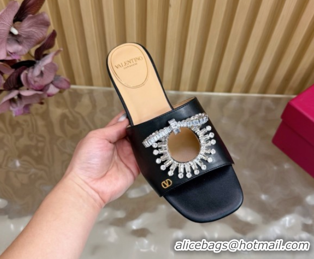 Luxury Valentino Strass Embellished Flat Slides Sandal in Calfskin Leather Black2 VLTN121509 51215111