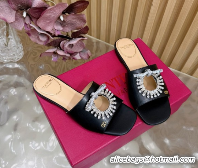 Luxury Valentino Strass Embellished Flat Slides Sandal in Calfskin Leather Black2 VLTN121509 51215111